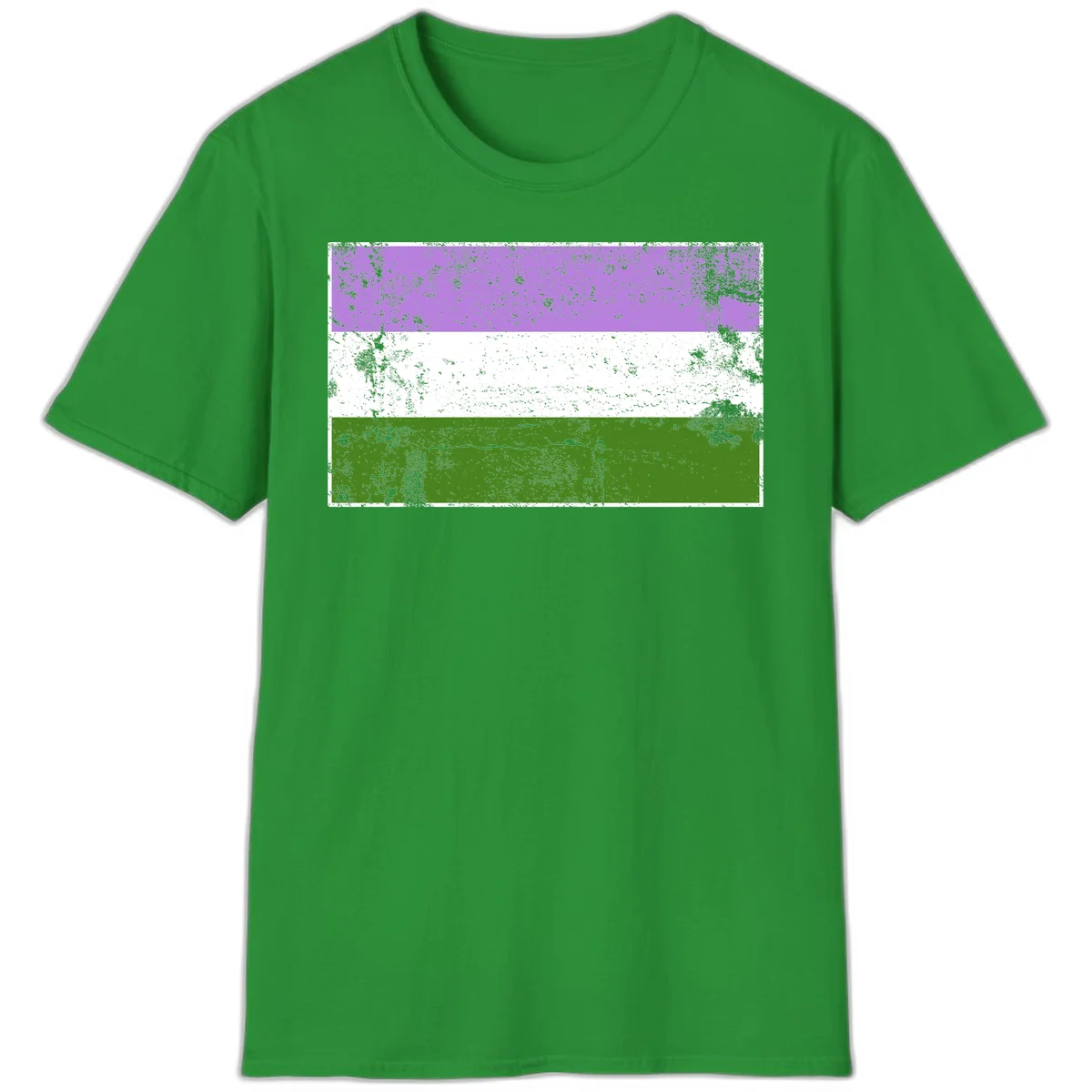 Genderqueer pride flag with purple, white, and green horizontal stripes featuring distressed grunge texture overlay in Irish Green