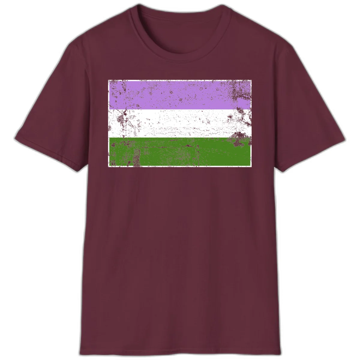 Genderqueer pride flag with purple, white, and green horizontal stripes featuring distressed grunge texture overlay in Maroon