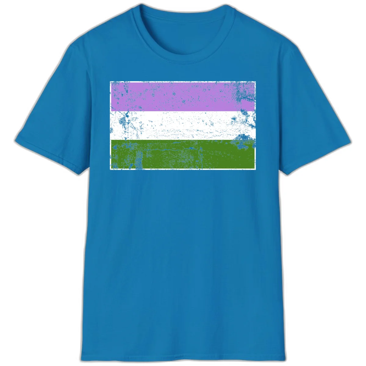 Genderqueer pride flag with purple, white, and green horizontal stripes featuring distressed grunge texture overlay in Sapphire