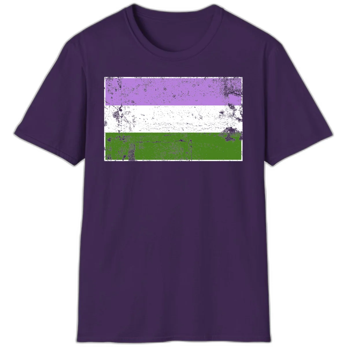 Genderqueer pride flag with purple, white, and green horizontal stripes featuring distressed grunge texture overlay in Purple