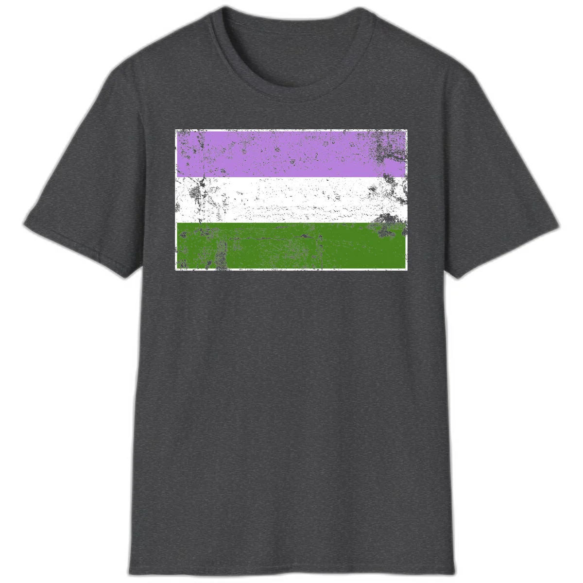 Genderqueer pride flag with purple, white, and green horizontal stripes featuring distressed grunge texture overlay in Dark Heather