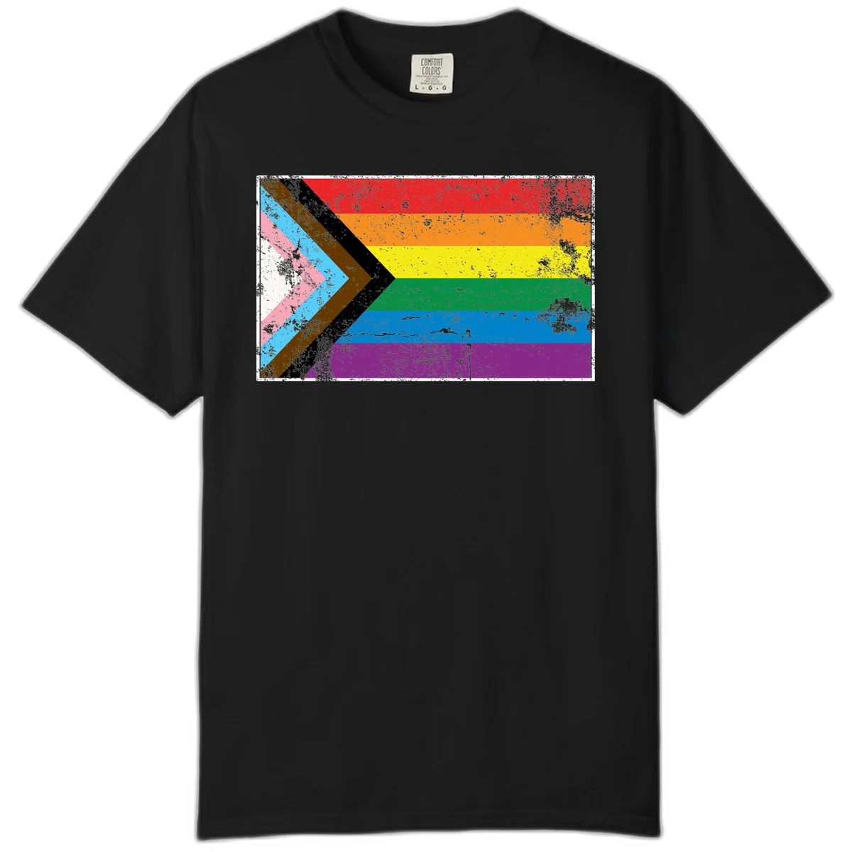 Progress pride intersectional flag with distressed texture featuring rainbow stripes and chevron design representing LGBTQ+ inclusion and equality in Black