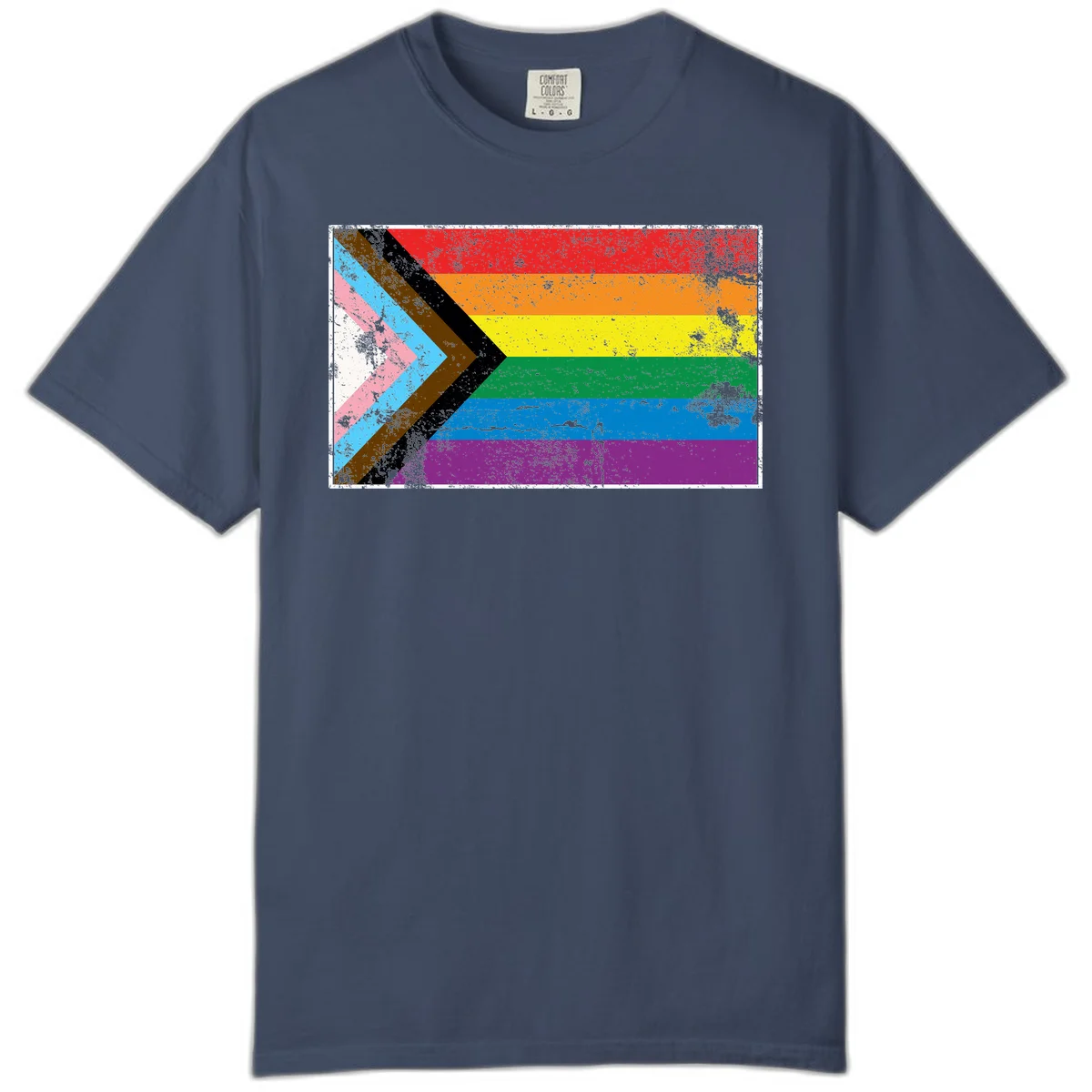 Progress pride intersectional flag with distressed texture featuring rainbow stripes and chevron design representing LGBTQ+ inclusion and equality in Midnight