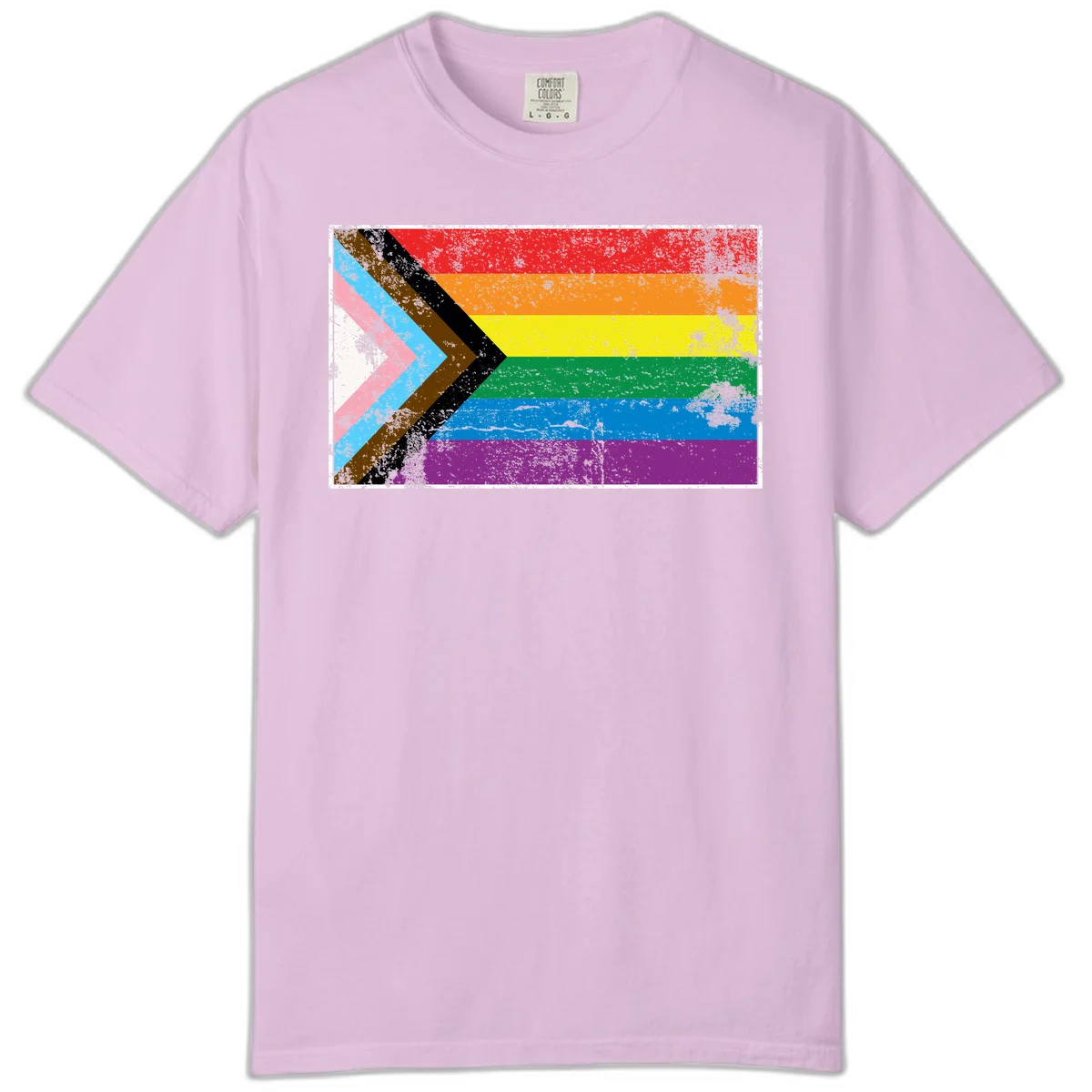 Progress pride intersectional flag with distressed texture featuring rainbow stripes and chevron design representing LGBTQ+ inclusion and equality in Orchid