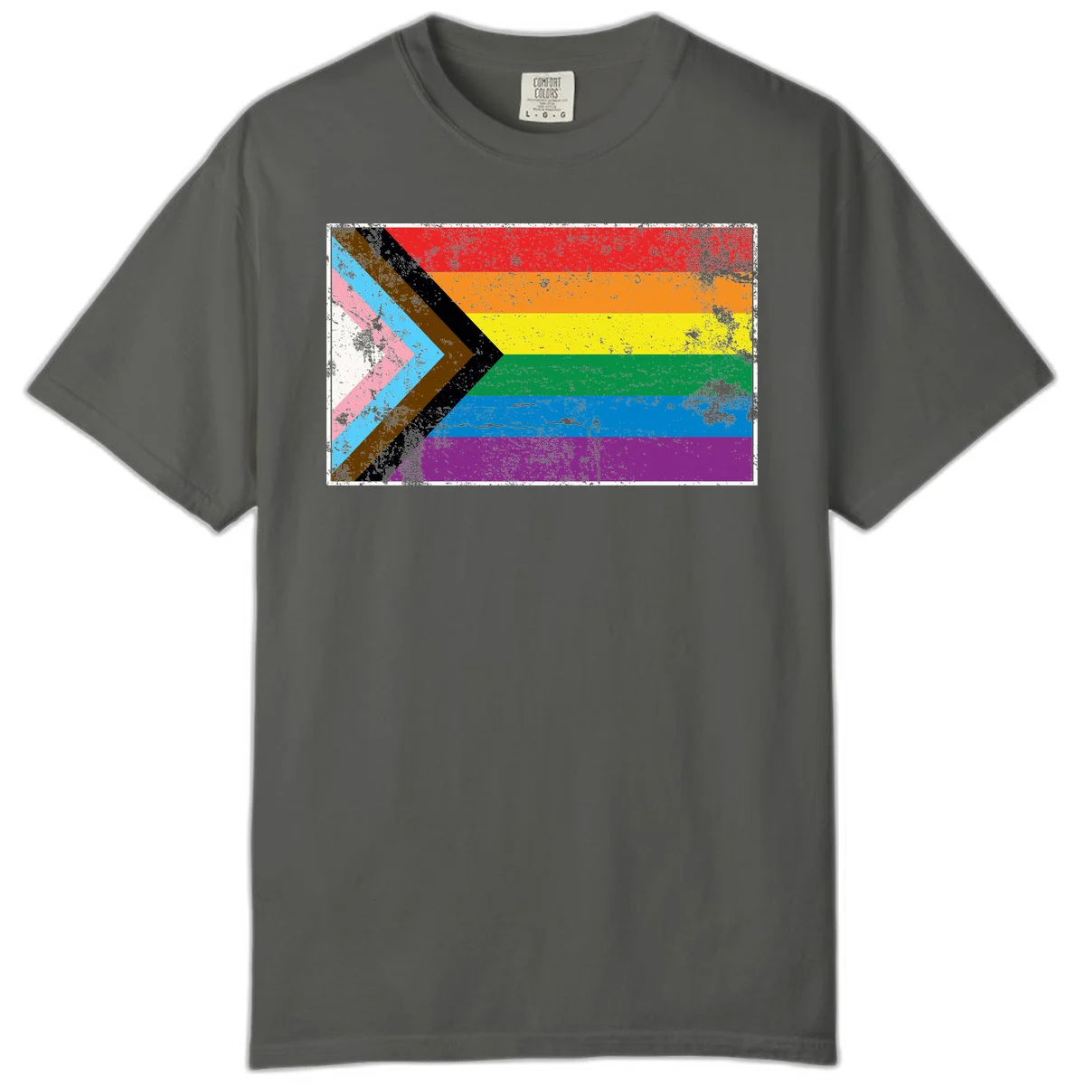 Progress pride intersectional flag with distressed texture featuring rainbow stripes and chevron design representing LGBTQ+ inclusion and equality in Pepper