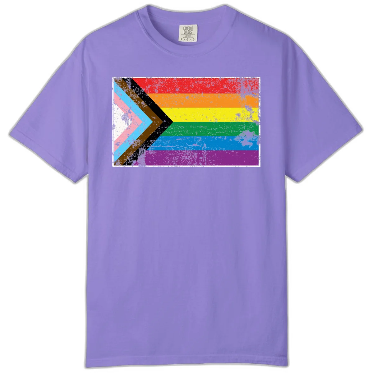 Progress pride intersectional flag with distressed texture featuring rainbow stripes and chevron design representing LGBTQ+ inclusion and equality in Violet