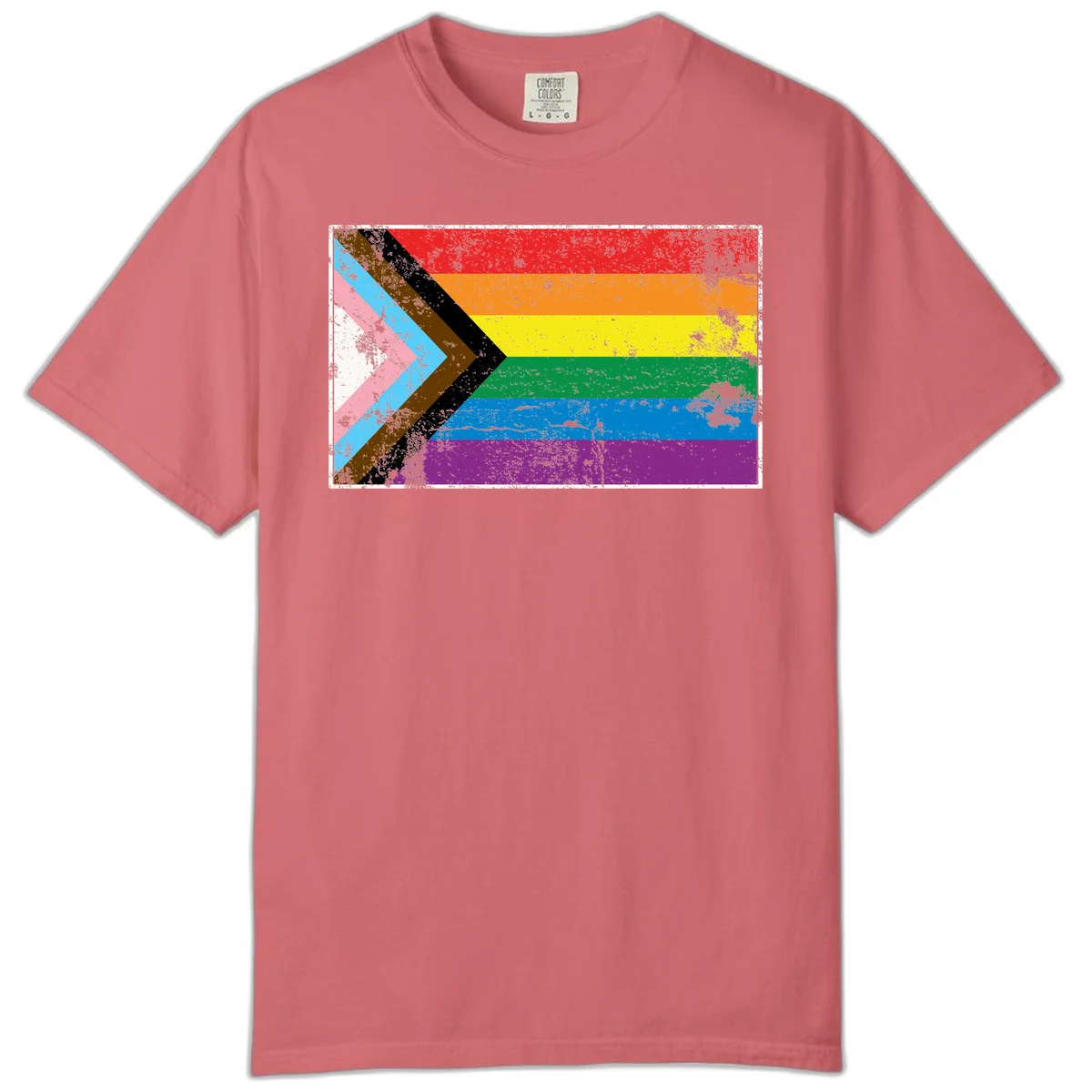 Progress pride intersectional flag with distressed texture featuring rainbow stripes and chevron design representing LGBTQ+ inclusion and equality in Watermelon