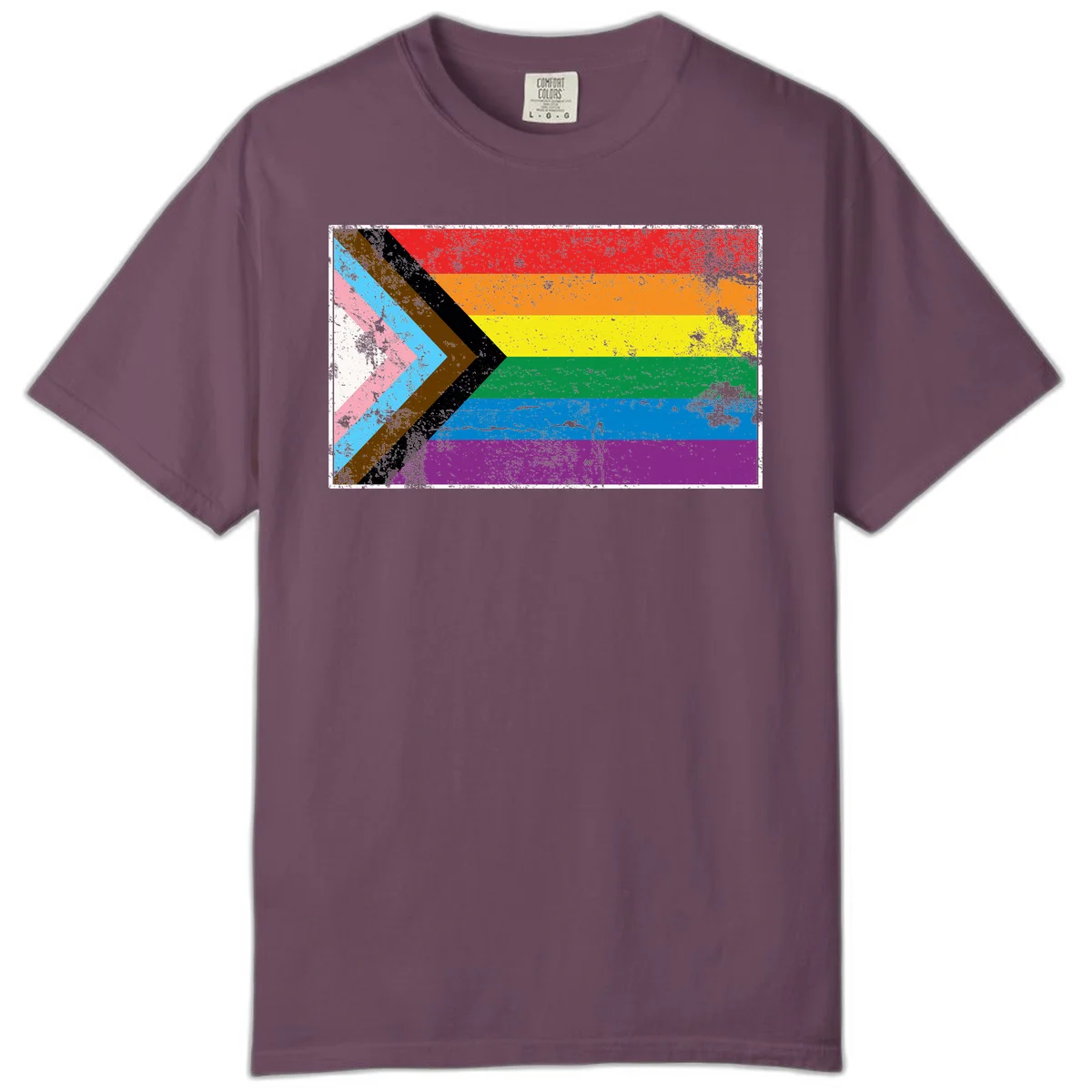 Progress pride intersectional flag with distressed texture featuring rainbow stripes and chevron design representing LGBTQ+ inclusion and equality in Berry