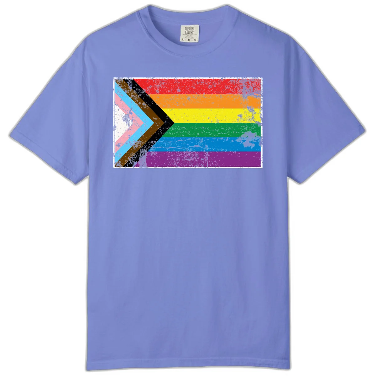 Progress pride intersectional flag with distressed texture featuring rainbow stripes and chevron design representing LGBTQ+ inclusion and equality in Flo Blue