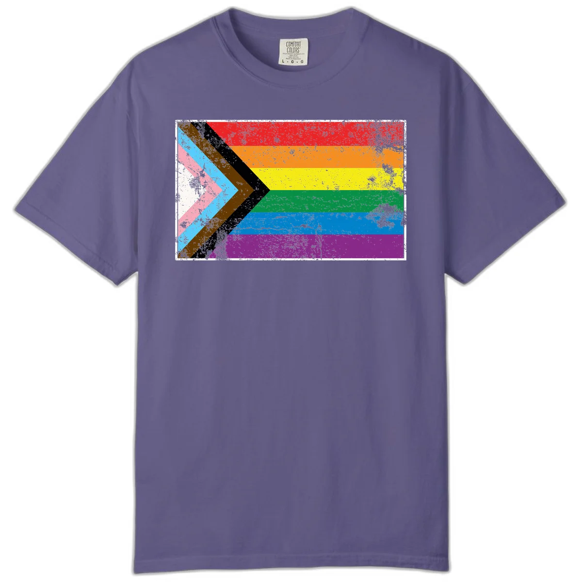 Progress pride intersectional flag with distressed texture featuring rainbow stripes and chevron design representing LGBTQ+ inclusion and equality in Grape