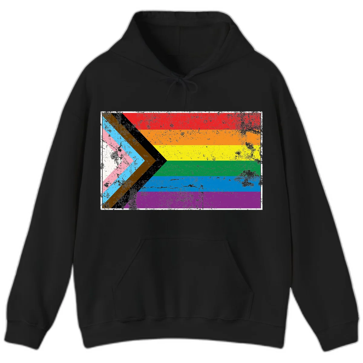 Progress pride intersectional flag with distressed texture featuring rainbow stripes and chevron design representing LGBTQ+ inclusion and equality in Black