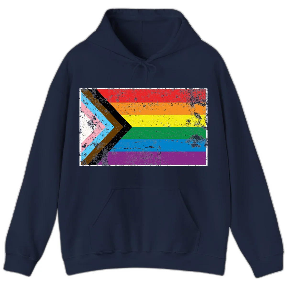 Progress pride intersectional flag with distressed texture featuring rainbow stripes and chevron design representing LGBTQ+ inclusion and equality in Navy