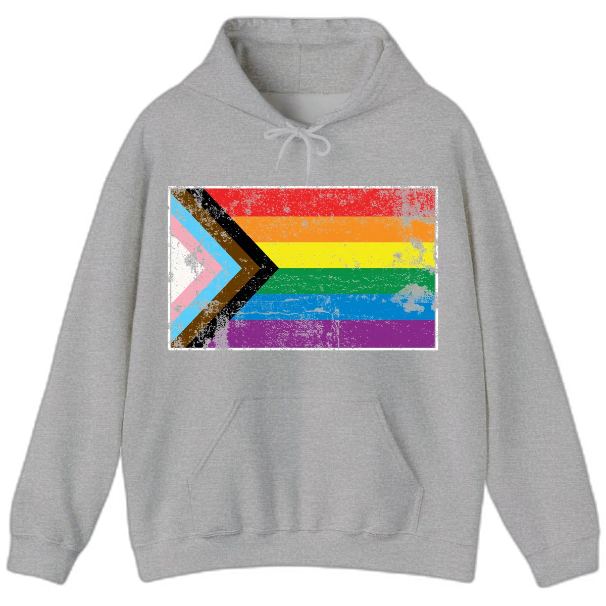 Progress pride intersectional flag with distressed texture featuring rainbow stripes and chevron design representing LGBTQ+ inclusion and equality in Sport Grey