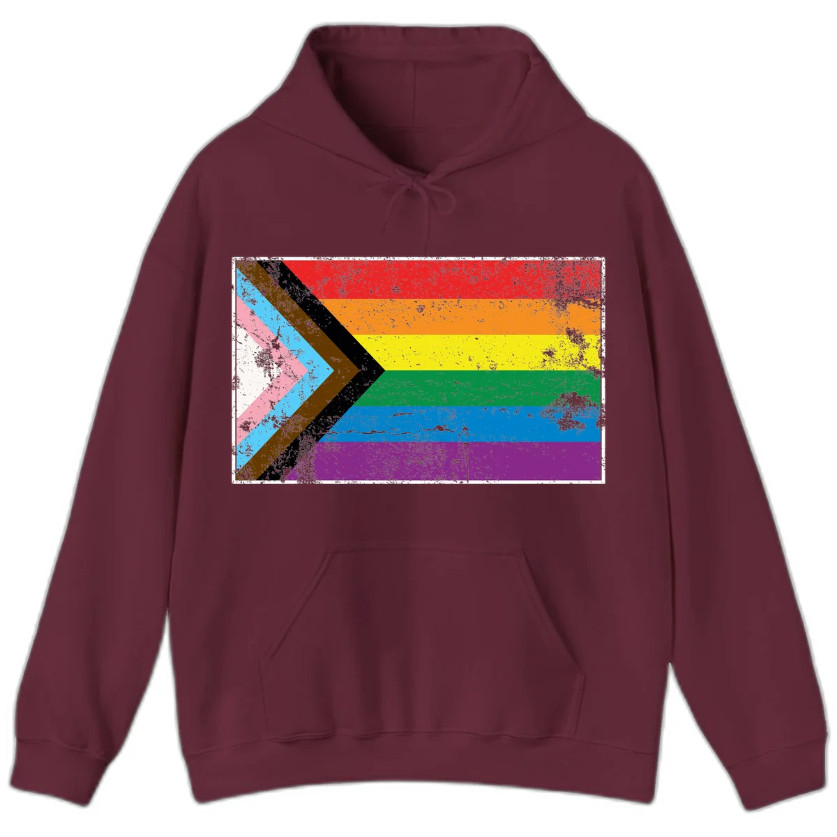 Progress pride intersectional flag with distressed texture featuring rainbow stripes and chevron design representing LGBTQ+ inclusion and equality in Maroon
