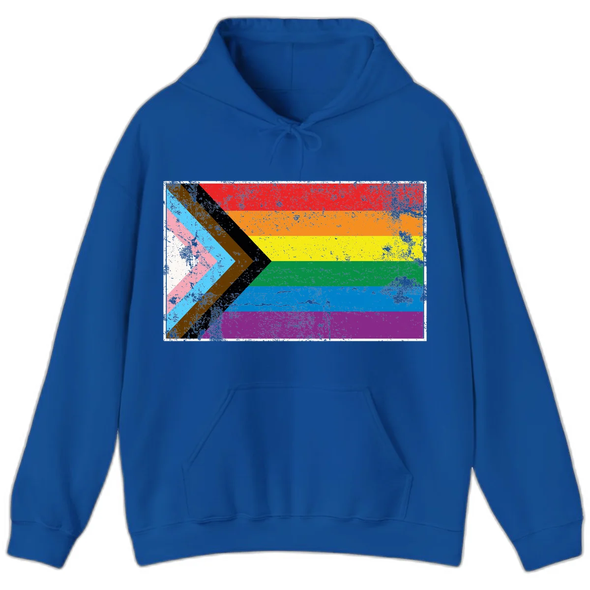 Progress pride intersectional flag with distressed texture featuring rainbow stripes and chevron design representing LGBTQ+ inclusion and equality in Royal