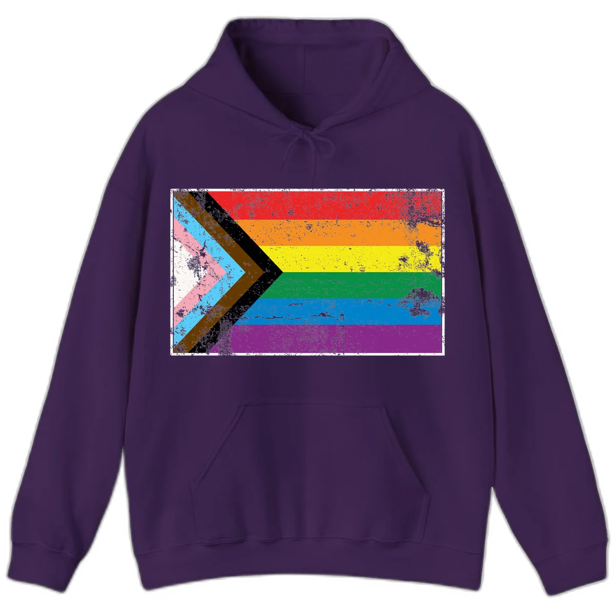 Progress pride intersectional flag with distressed texture featuring rainbow stripes and chevron design representing LGBTQ+ inclusion and equality in Purple