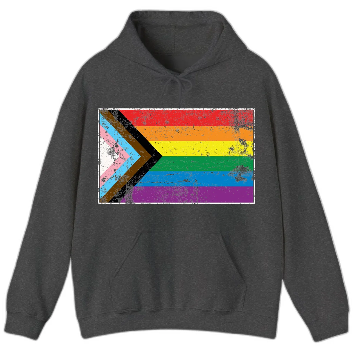 Progress pride intersectional flag with distressed texture featuring rainbow stripes and chevron design representing LGBTQ+ inclusion and equality in Dark Heather