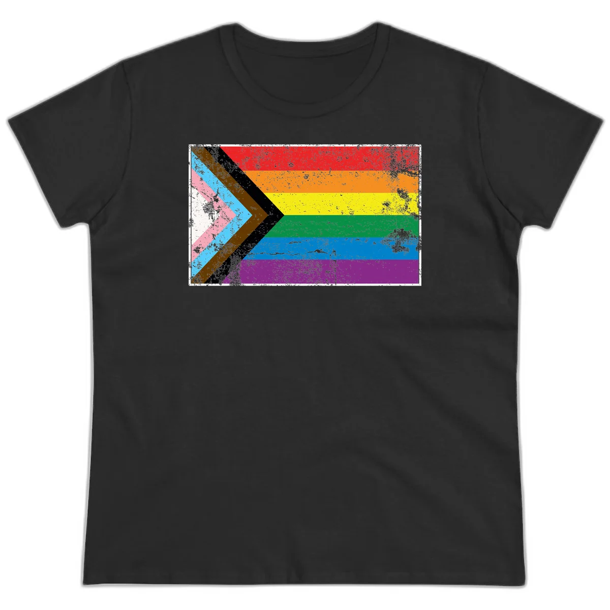 Progress pride intersectional flag with distressed texture featuring rainbow stripes and chevron design representing LGBTQ+ inclusion and equality in Black