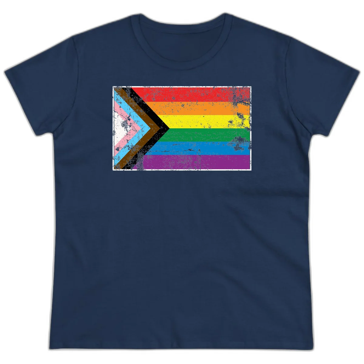 Progress pride intersectional flag with distressed texture featuring rainbow stripes and chevron design representing LGBTQ+ inclusion and equality in Navy