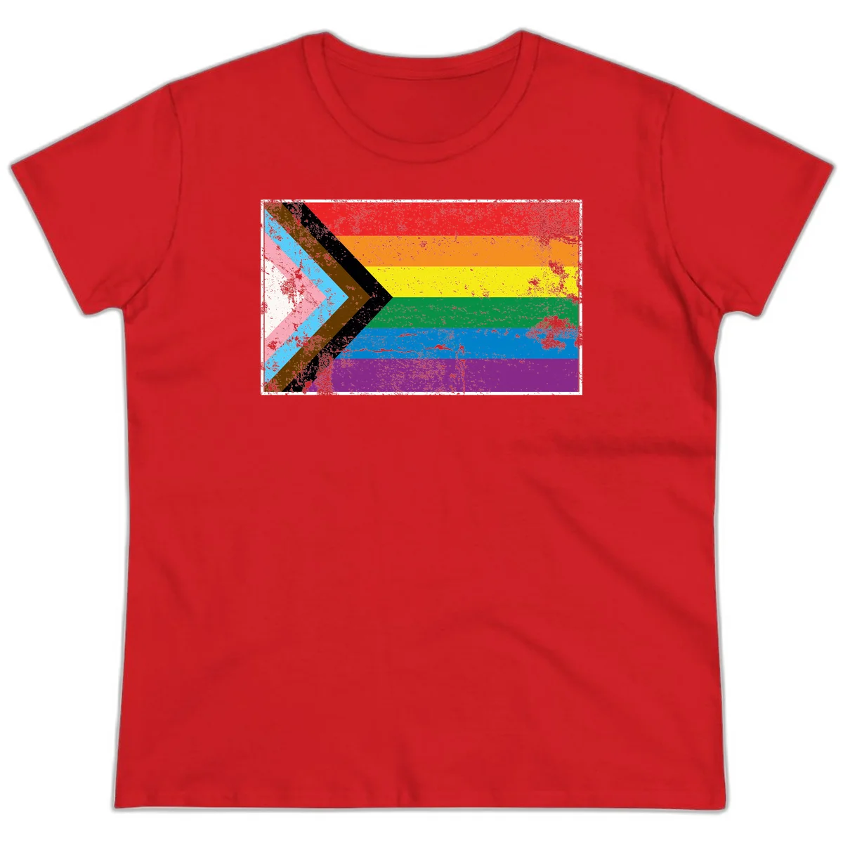 Progress pride intersectional flag with distressed texture featuring rainbow stripes and chevron design representing LGBTQ+ inclusion and equality in Red