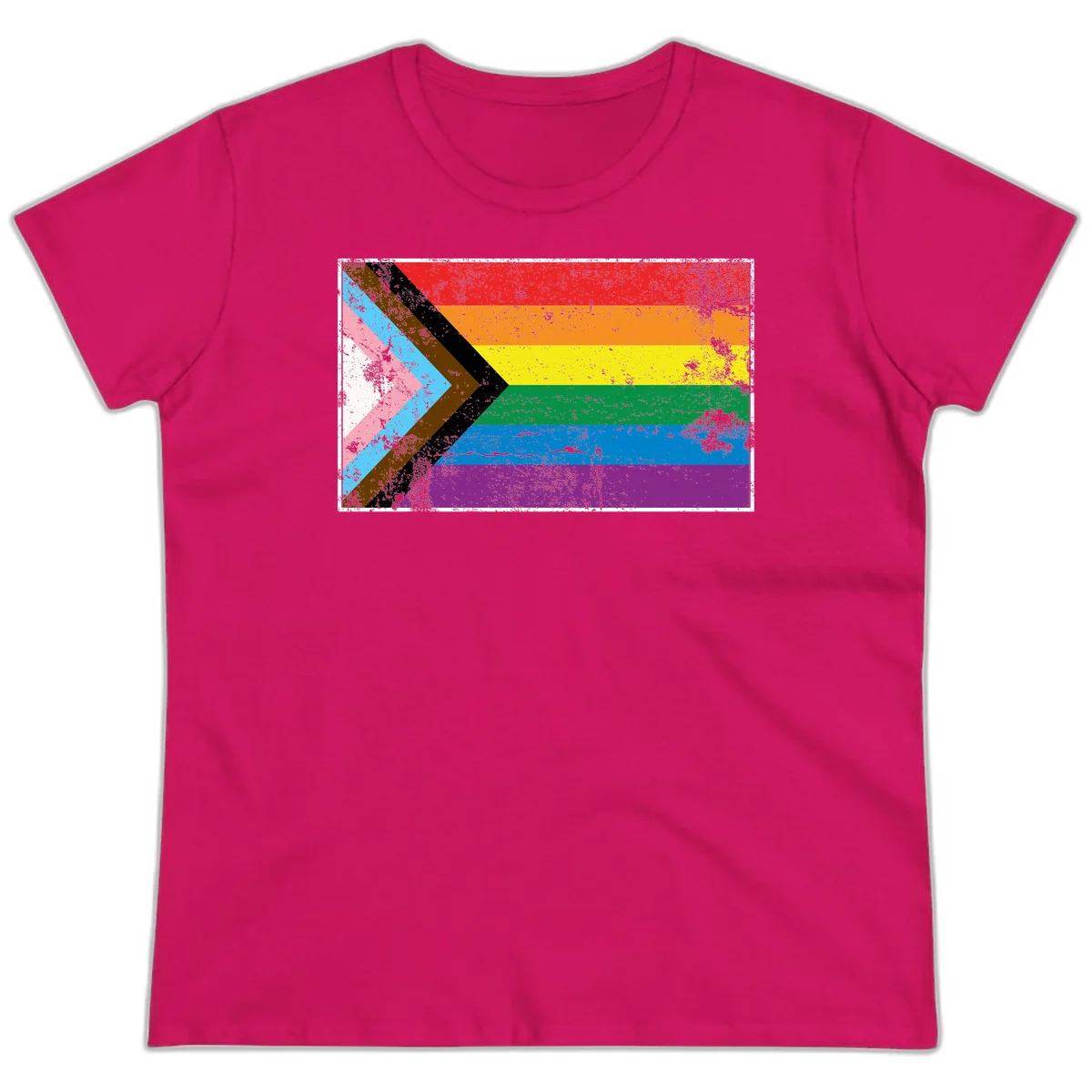 Progress pride intersectional flag with distressed texture featuring rainbow stripes and chevron design representing LGBTQ+ inclusion and equality in Heliconia