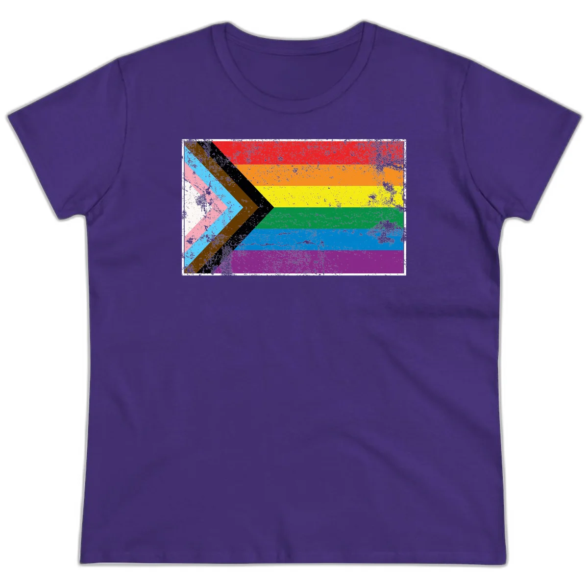 Progress pride intersectional flag with distressed texture featuring rainbow stripes and chevron design representing LGBTQ+ inclusion and equality in Purple