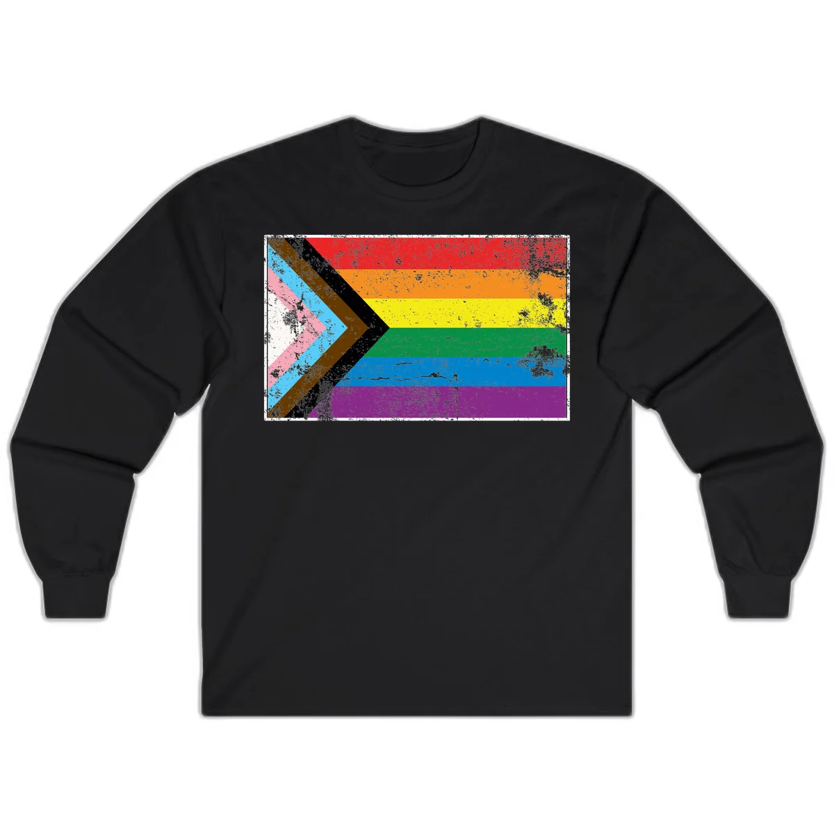 Progress pride intersectional flag with distressed texture featuring rainbow stripes and chevron design representing LGBTQ+ inclusion and equality in Black