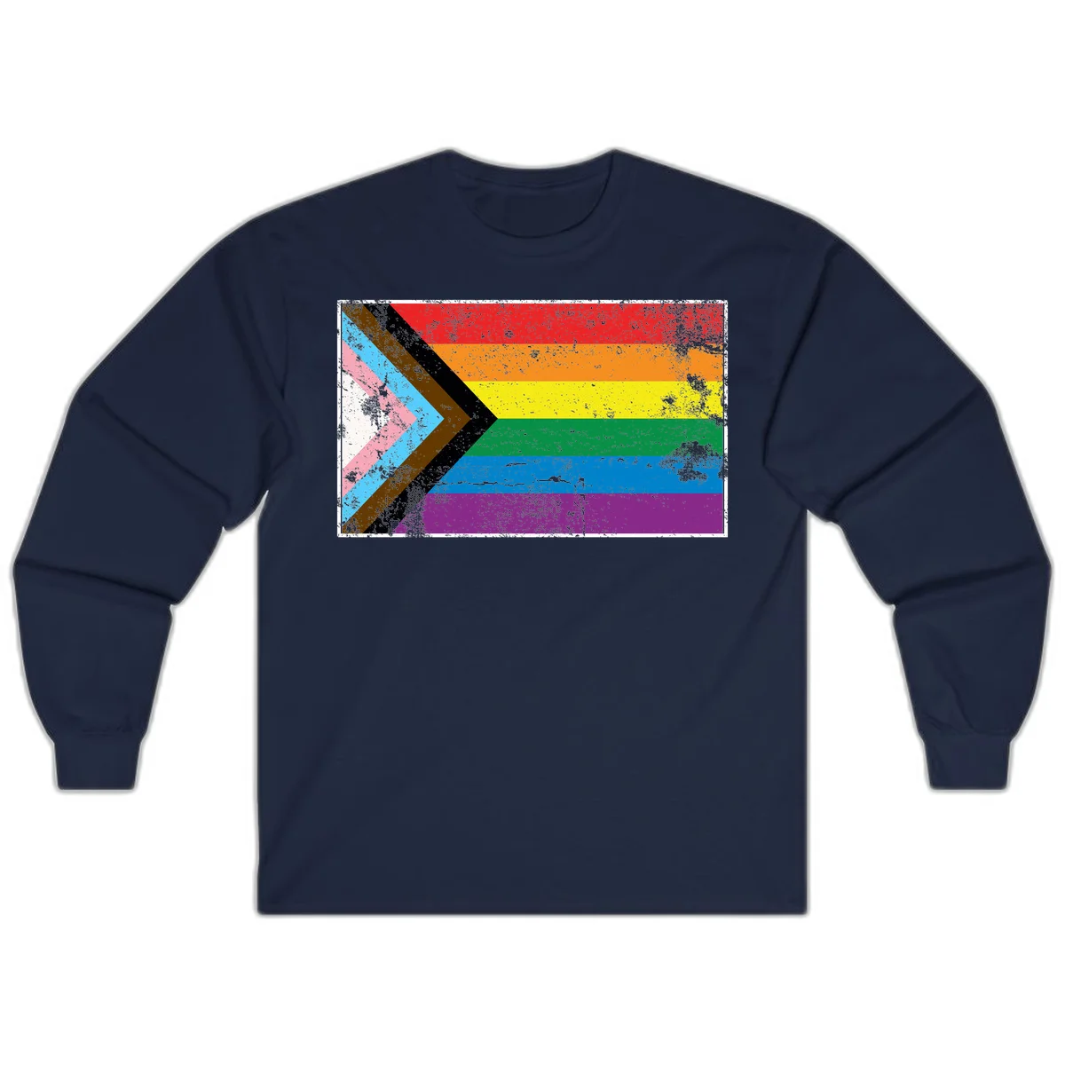 Progress pride intersectional flag with distressed texture featuring rainbow stripes and chevron design representing LGBTQ+ inclusion and equality in Navy