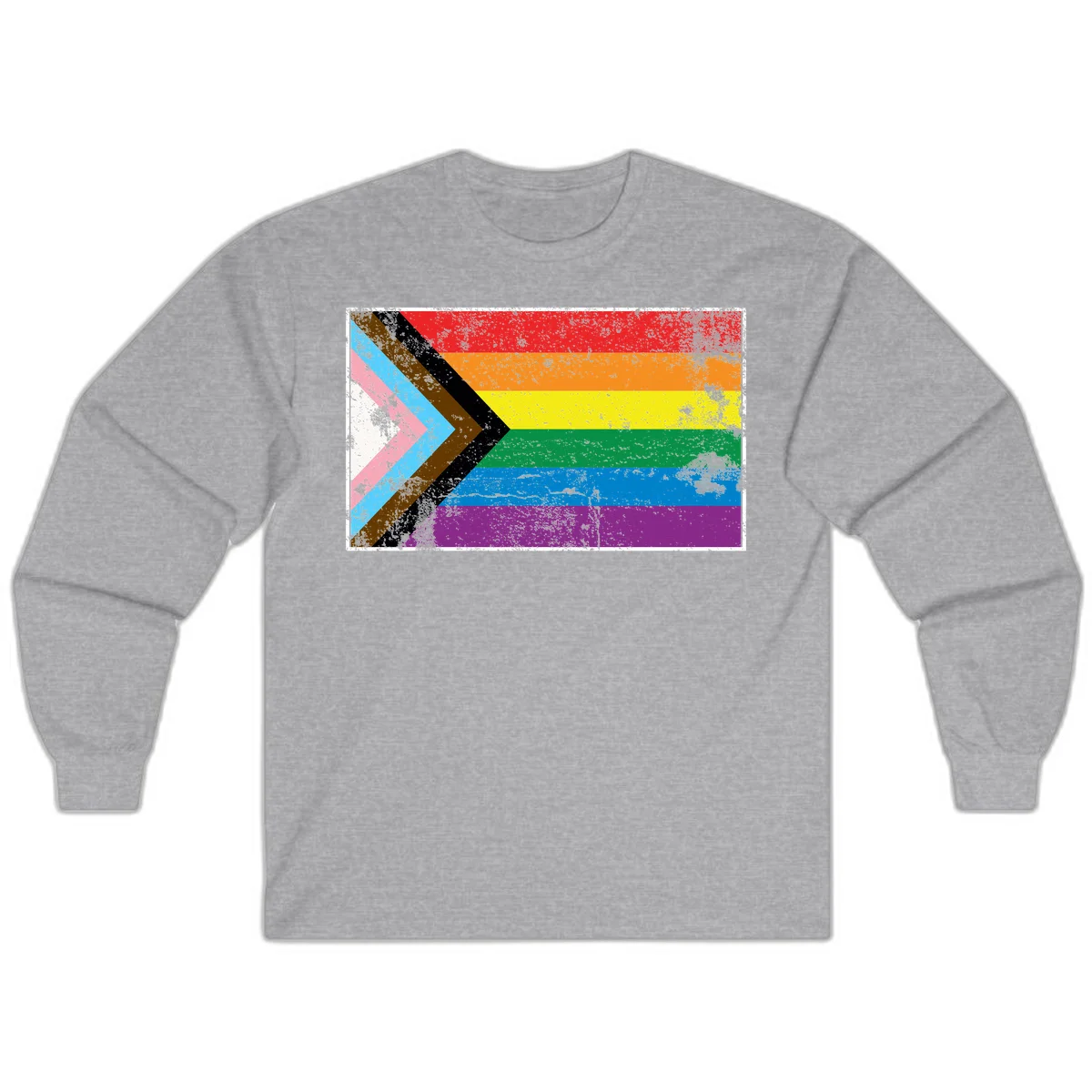 Progress pride intersectional flag with distressed texture featuring rainbow stripes and chevron design representing LGBTQ+ inclusion and equality in Sport Grey