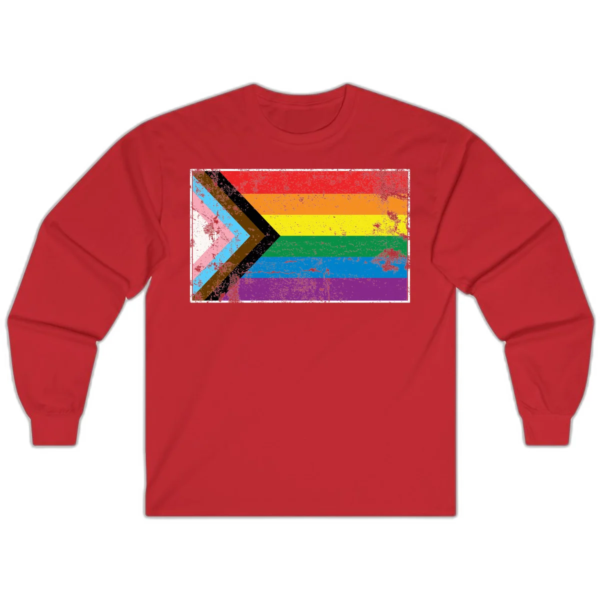 Progress pride intersectional flag with distressed texture featuring rainbow stripes and chevron design representing LGBTQ+ inclusion and equality in Red
