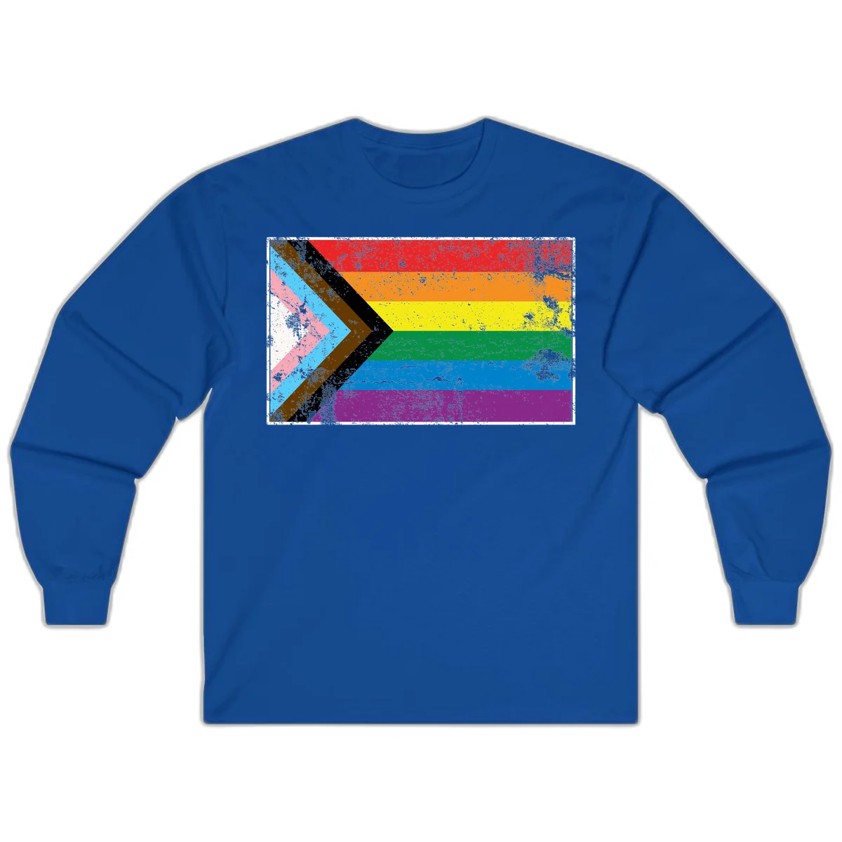 Progress pride intersectional flag with distressed texture featuring rainbow stripes and chevron design representing LGBTQ+ inclusion and equality in Royal