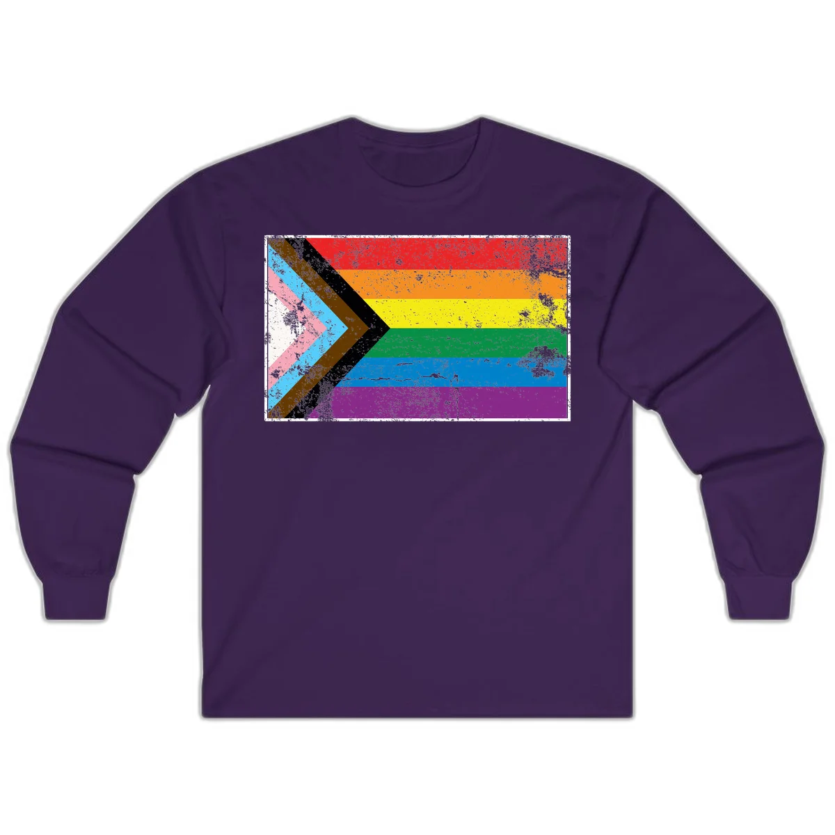 Progress pride intersectional flag with distressed texture featuring rainbow stripes and chevron design representing LGBTQ+ inclusion and equality in Purple