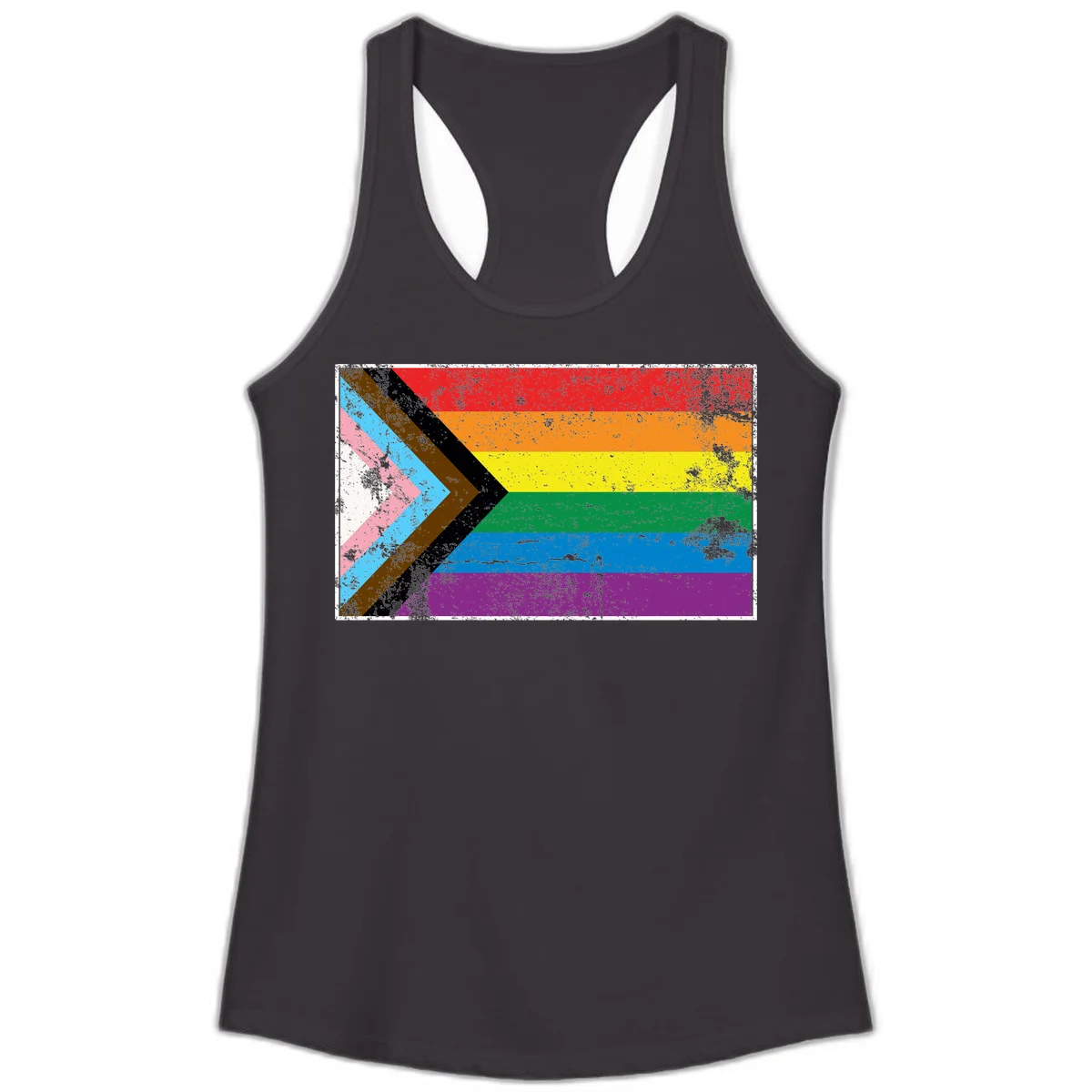 Progress pride intersectional flag with distressed texture featuring rainbow stripes and chevron design representing LGBTQ+ inclusion and equality in Black