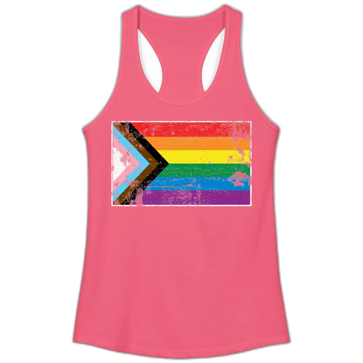 Progress pride intersectional flag with distressed texture featuring rainbow stripes and chevron design representing LGBTQ+ inclusion and equality in Hot Pink