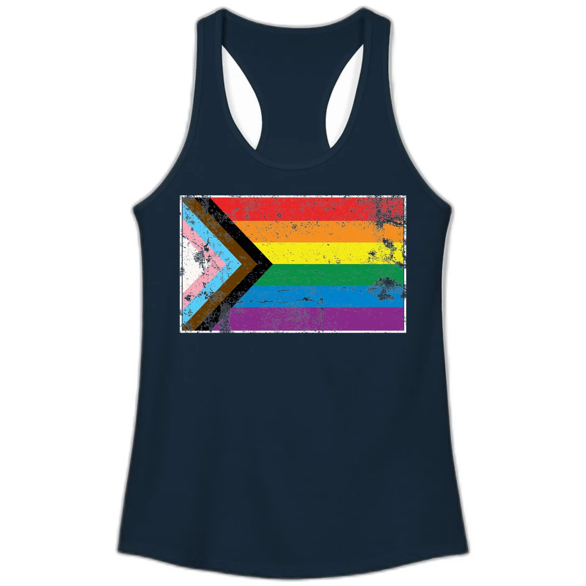 Progress pride intersectional flag with distressed texture featuring rainbow stripes and chevron design representing LGBTQ+ inclusion and equality in Solid Midnight Navy