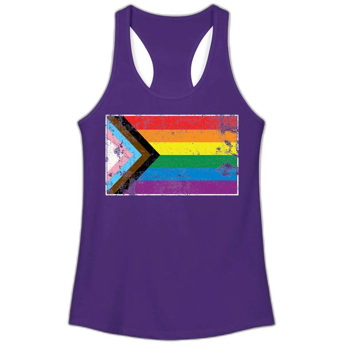 Progress pride intersectional flag with distressed texture featuring rainbow stripes and chevron design representing LGBTQ+ inclusion and equality in Solid Purple Rush