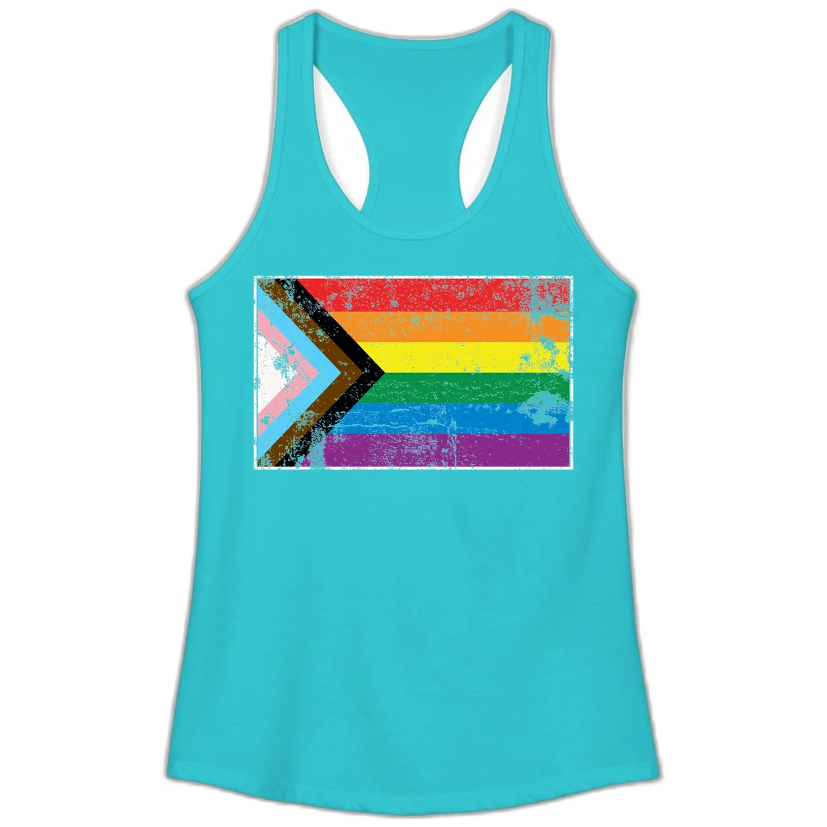 Progress pride intersectional flag with distressed texture featuring rainbow stripes and chevron design representing LGBTQ+ inclusion and equality in Solid Tahiti Blue