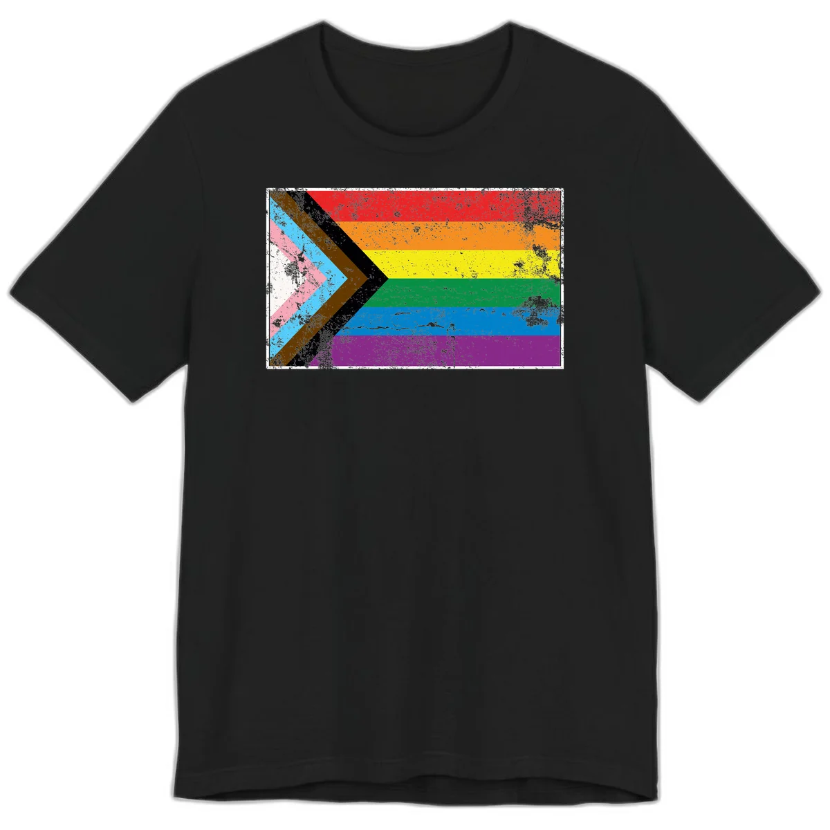 Progress pride intersectional flag with distressed texture featuring rainbow stripes and chevron design representing LGBTQ+ inclusion and equality in Black