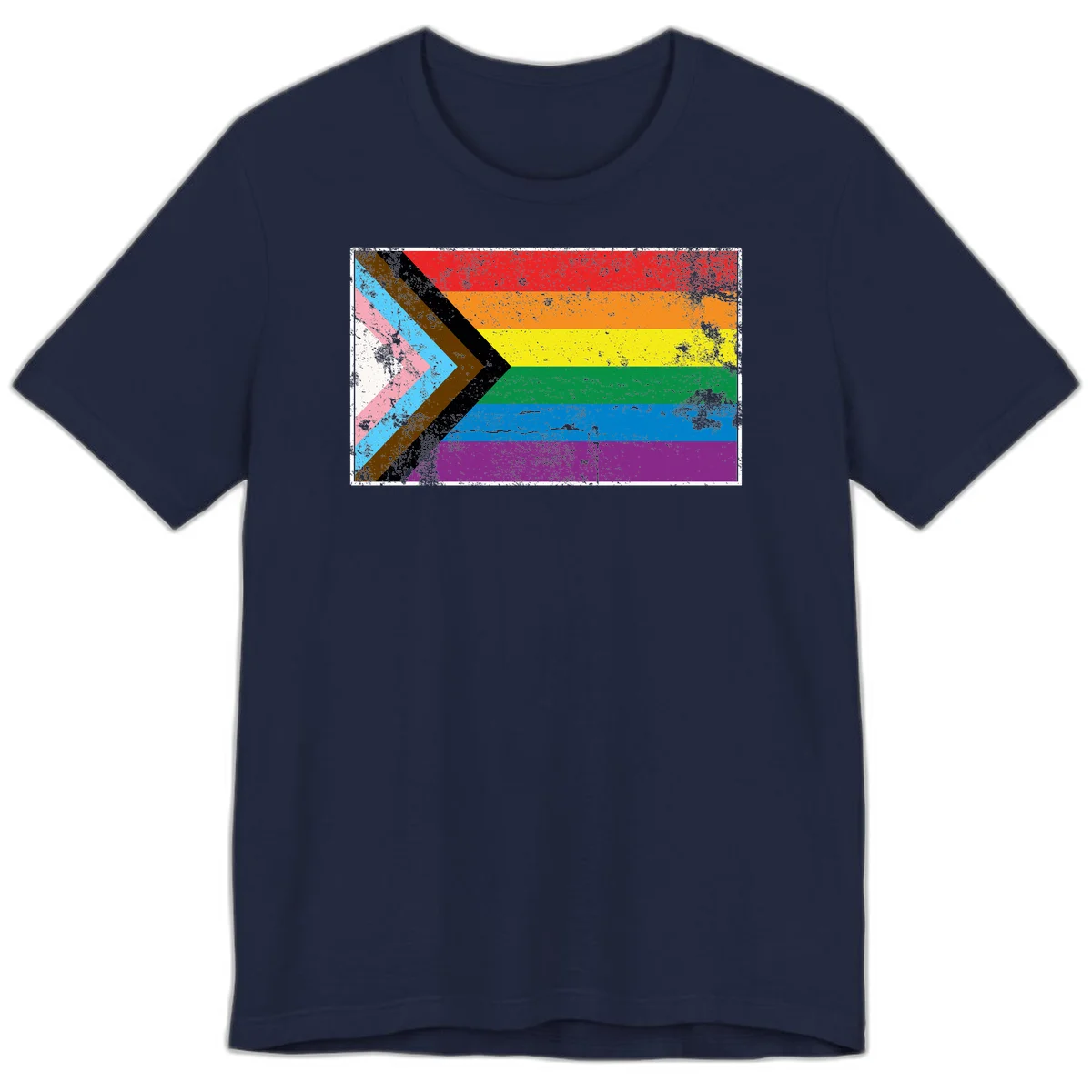 Progress pride intersectional flag with distressed texture featuring rainbow stripes and chevron design representing LGBTQ+ inclusion and equality in Navy