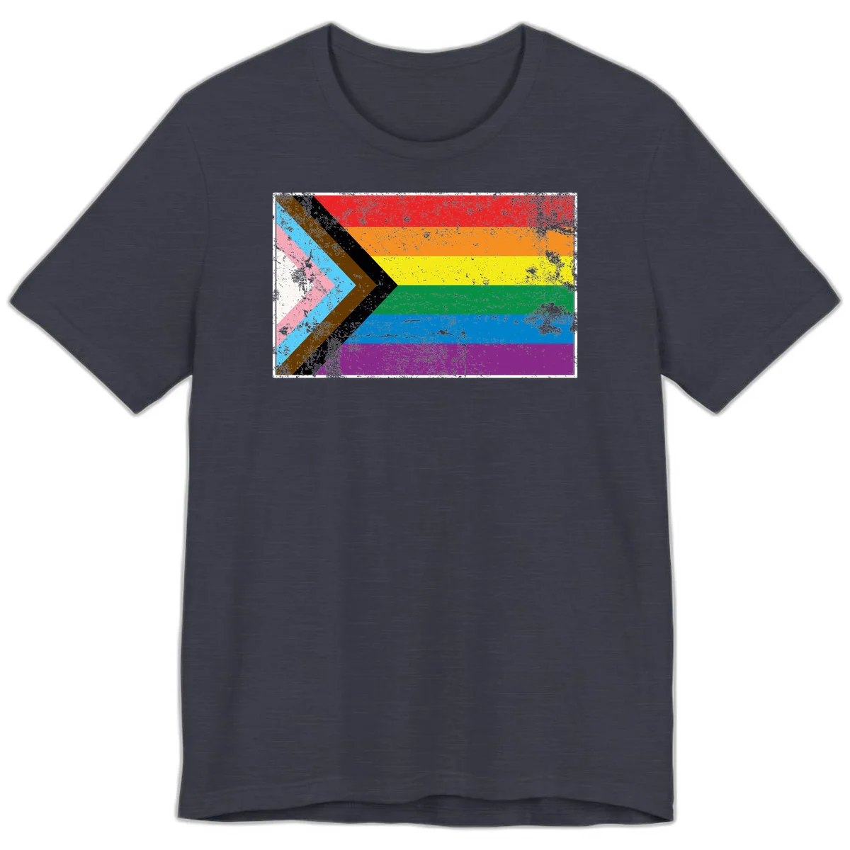 Progress pride intersectional flag with distressed texture featuring rainbow stripes and chevron design representing LGBTQ+ inclusion and equality in Heather Midnight Navy
