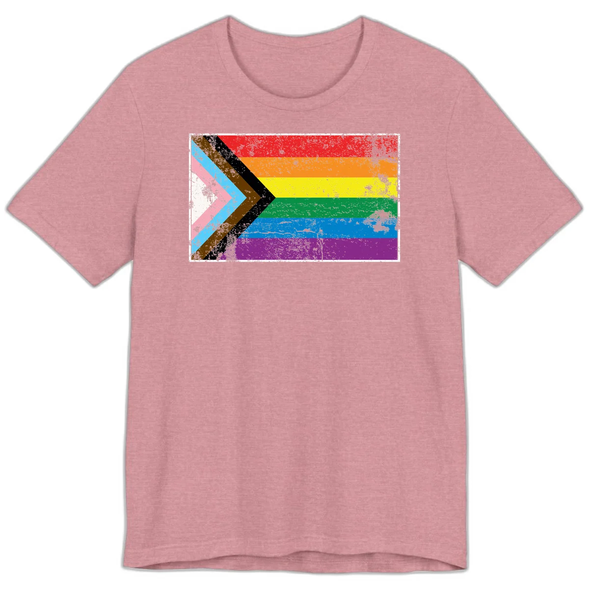 Progress pride intersectional flag with distressed texture featuring rainbow stripes and chevron design representing LGBTQ+ inclusion and equality in Heather Orchid