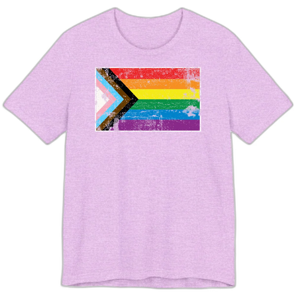 Progress pride intersectional flag with distressed texture featuring rainbow stripes and chevron design representing LGBTQ+ inclusion and equality in Heather Prism Lilac