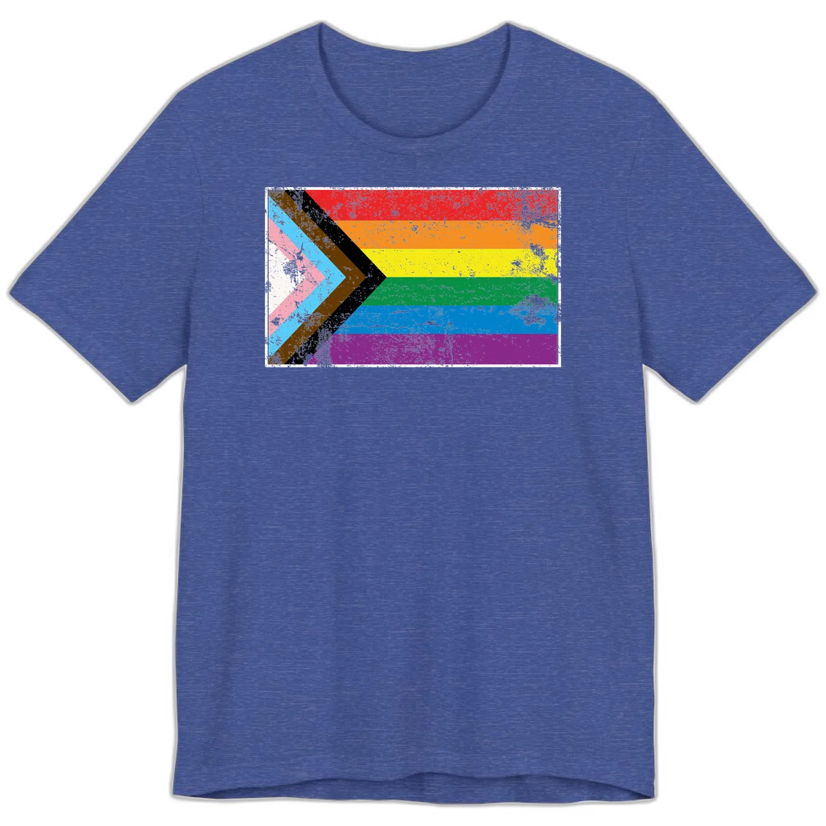 Progress pride intersectional flag with distressed texture featuring rainbow stripes and chevron design representing LGBTQ+ inclusion and equality in Heather True Royal
