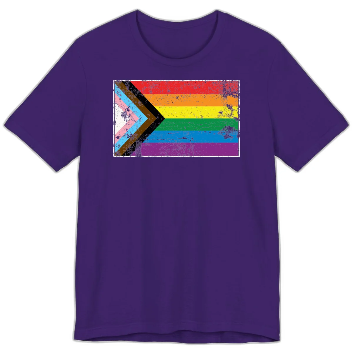 Progress pride intersectional flag with distressed texture featuring rainbow stripes and chevron design representing LGBTQ+ inclusion and equality in Team Purple