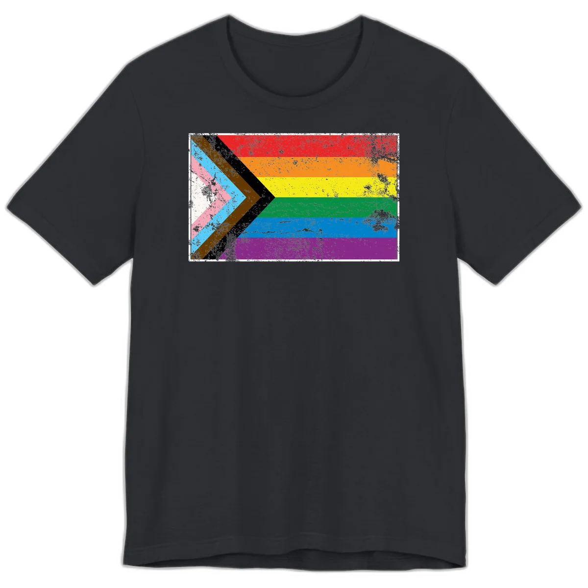 Progress pride intersectional flag with distressed texture featuring rainbow stripes and chevron design representing LGBTQ+ inclusion and equality in Vintage Black