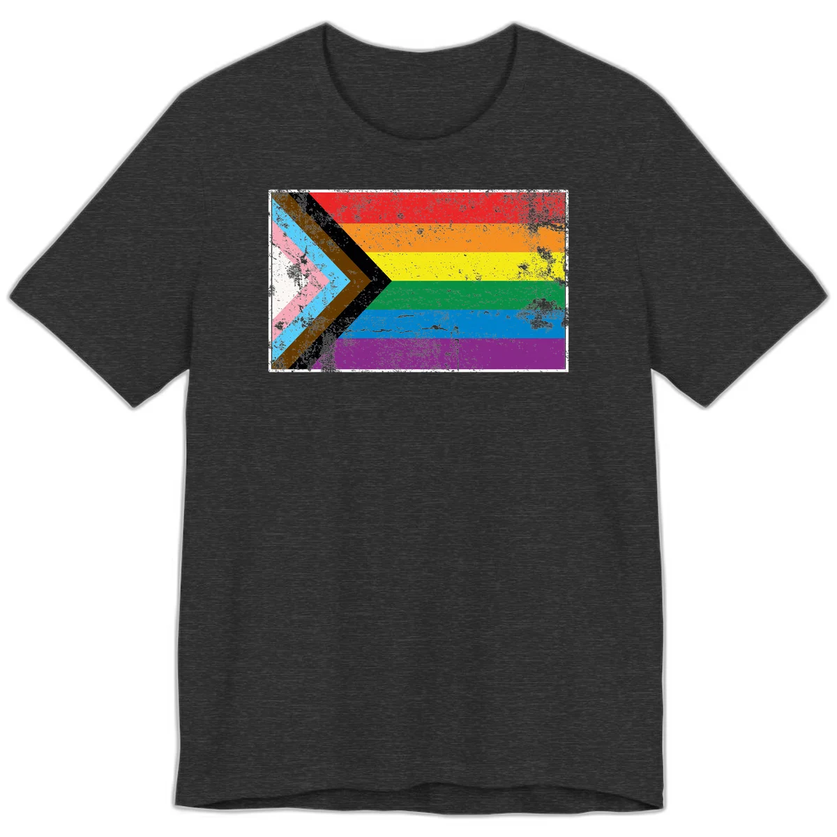 Progress pride intersectional flag with distressed texture featuring rainbow stripes and chevron design representing LGBTQ+ inclusion and equality in Dark Grey Heather