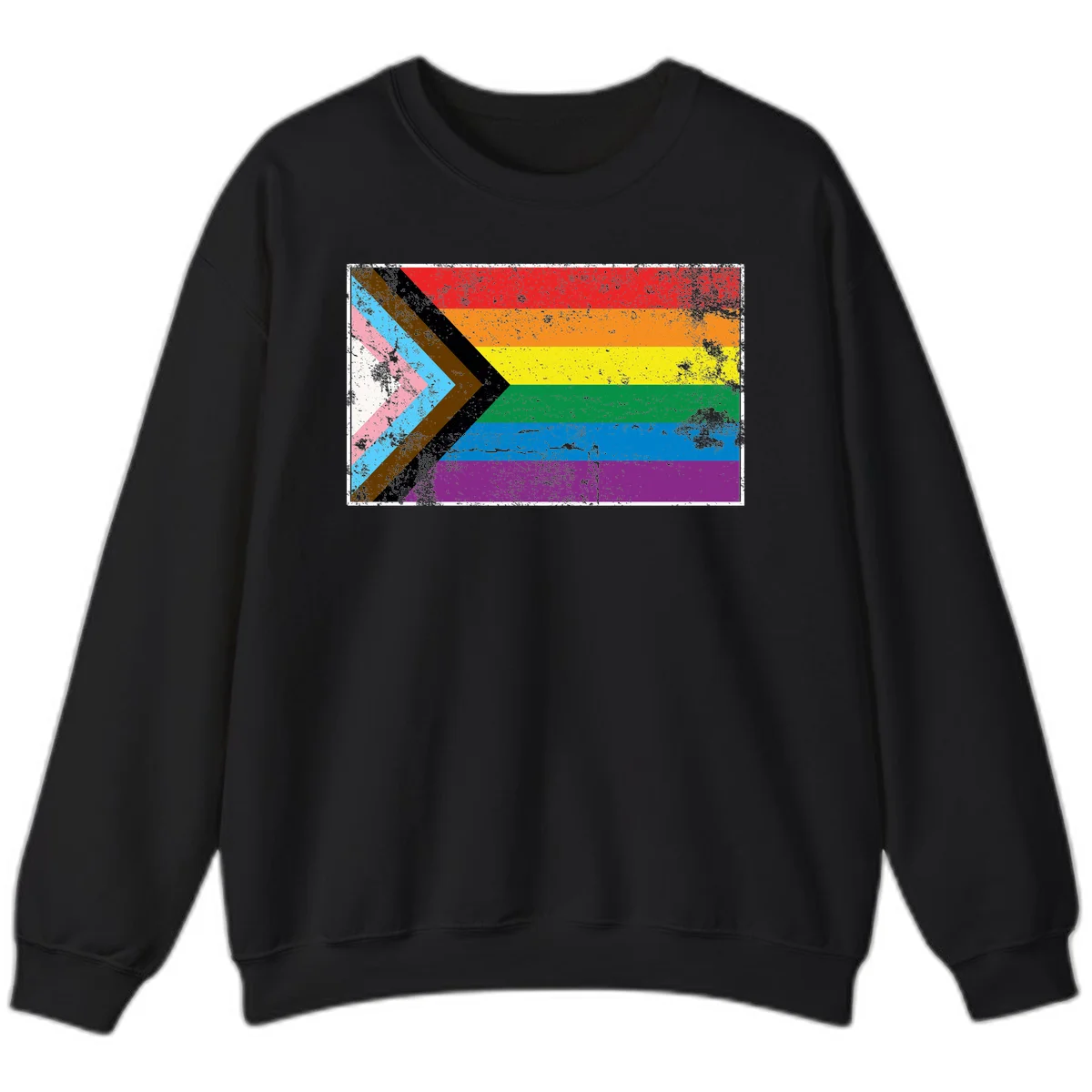 Progress pride intersectional flag with distressed texture featuring rainbow stripes and chevron design representing LGBTQ+ inclusion and equality in Black