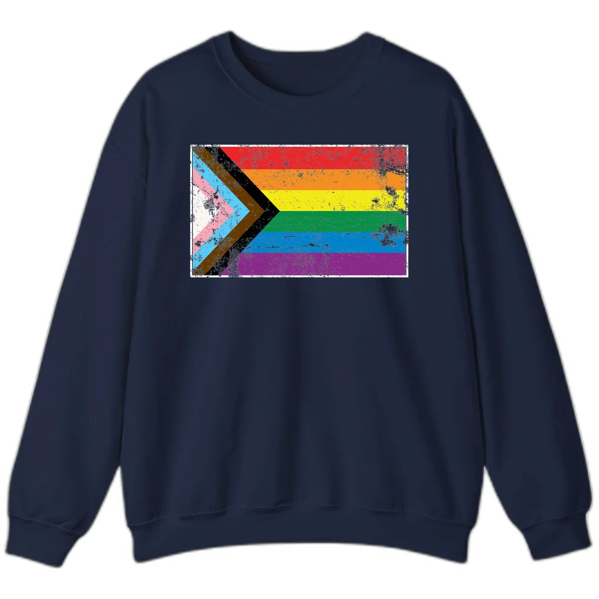 Progress pride intersectional flag with distressed texture featuring rainbow stripes and chevron design representing LGBTQ+ inclusion and equality in Navy