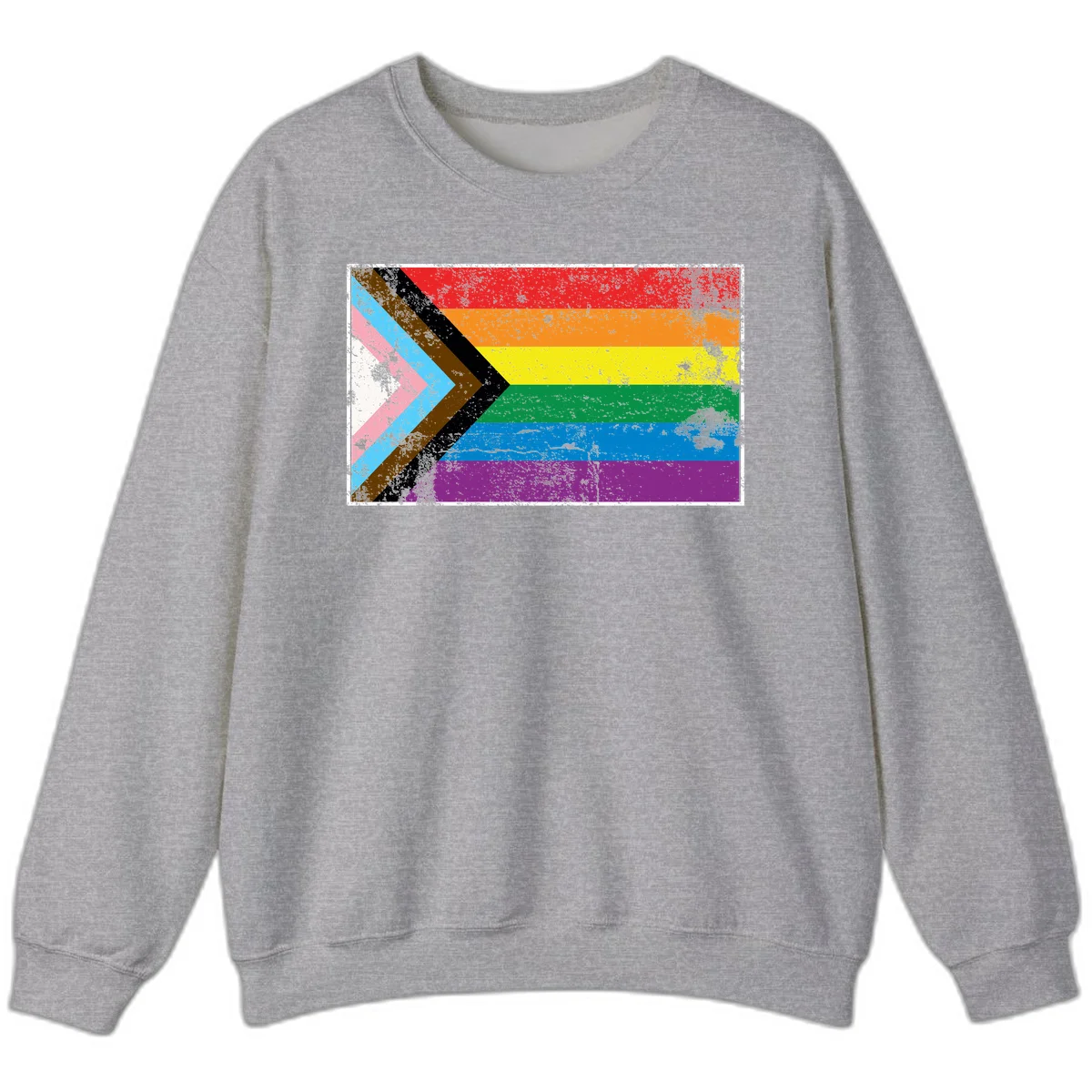 Progress pride intersectional flag with distressed texture featuring rainbow stripes and chevron design representing LGBTQ+ inclusion and equality in Sport Grey