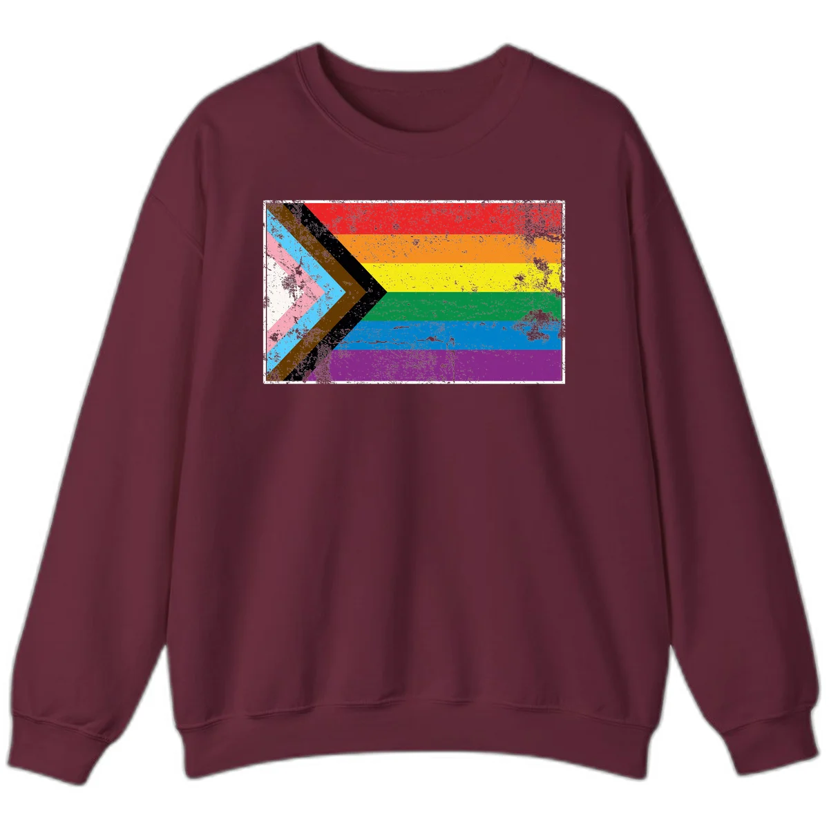 Progress pride intersectional flag with distressed texture featuring rainbow stripes and chevron design representing LGBTQ+ inclusion and equality in Maroon